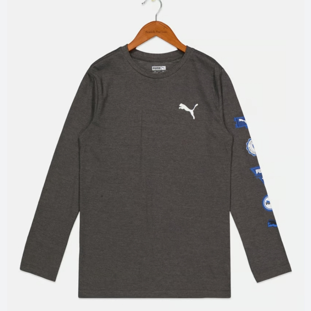 NWT PumaKids Boy Long Sleeve Brand Logo T-Shirt, GreyUS L 14-16